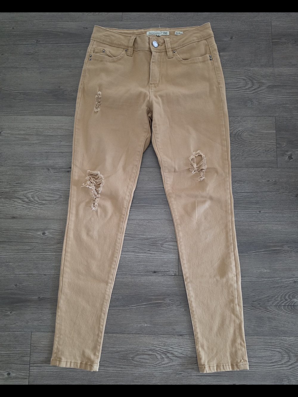 YMI Women's Skinny Jeans in Tan with Distressed Knees